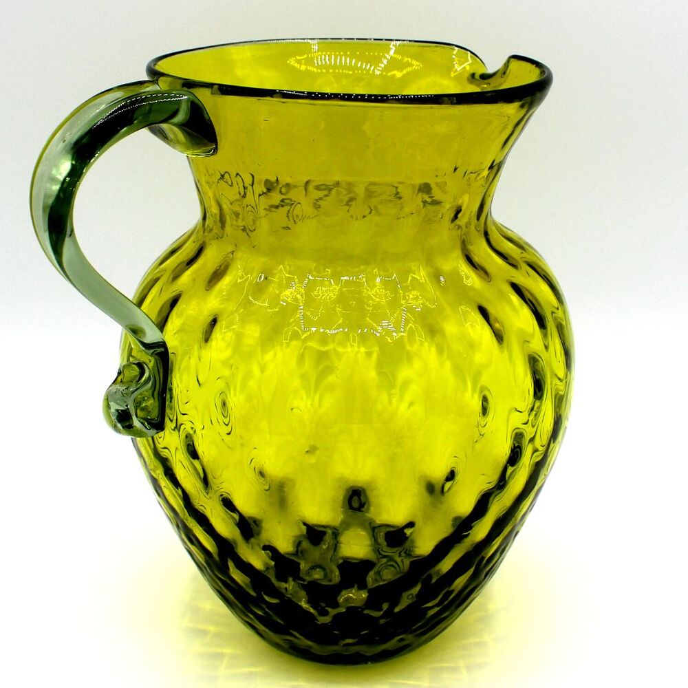 Vintage 1960s Mid-Century Modern Green Diamond Optic Glass Pitcher Decanter Vase